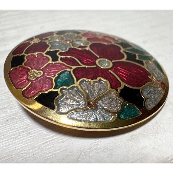 Celtic Sea Gems Gold Tone Enamel Floral Brooch Pin Red Silver Flowers 1.5" - Picture 4 of 8